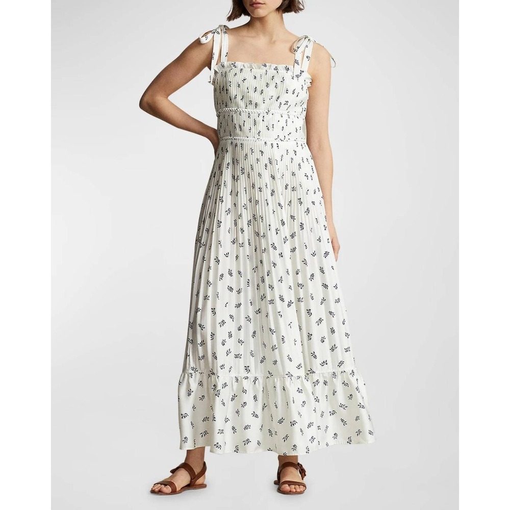 Polo Ralph Lauren Floral Pleated Maxi Midi Dress Womens 8 Tie Strap